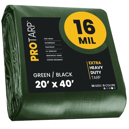 20 Ft X 40 Ft GrnBlk Polyethylene Heavy Duty 16 Mil Tarp, Waterproof, UV Resistant, RipTear Proof